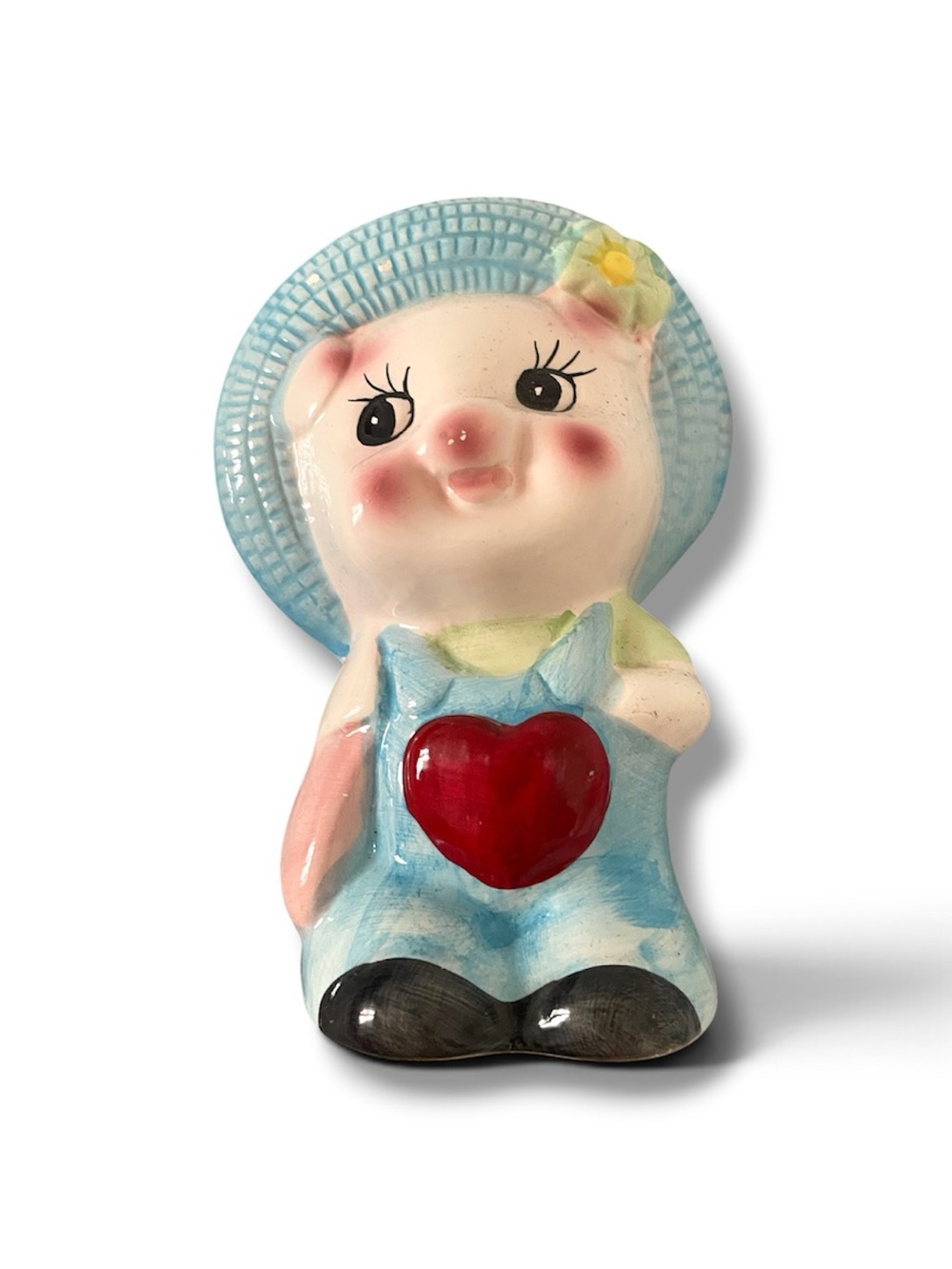 Vintage Ceramic Pig Bank Figurine with Red Heart - Blue Hat and Overalls